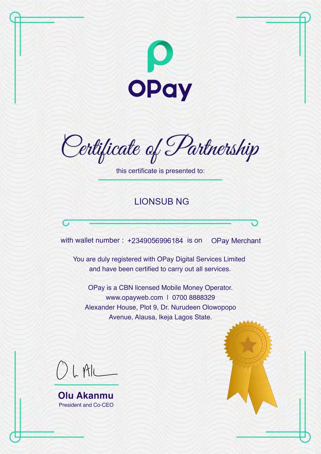 Opay Partnership Certificate